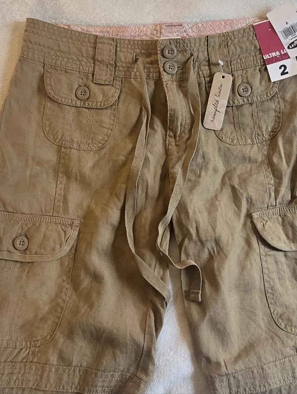 NWT Linen Vintage Old Navy Tan Khaki Bermuda Shorts Ultra Low Rise Rumpled 2